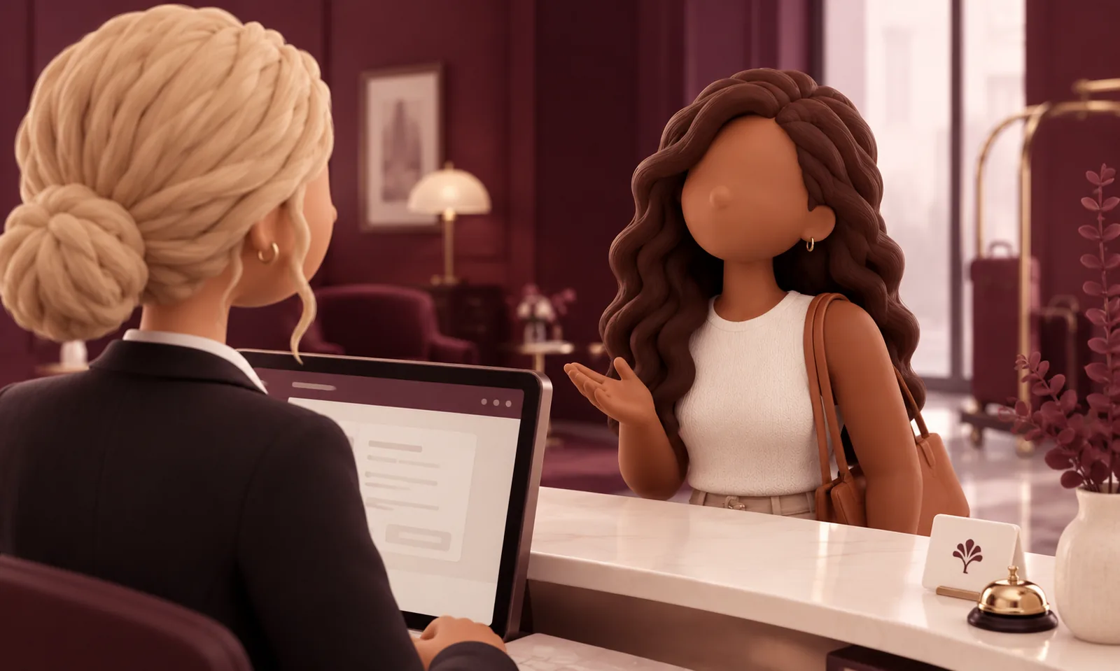 A receptionist helping a guest at the front desk