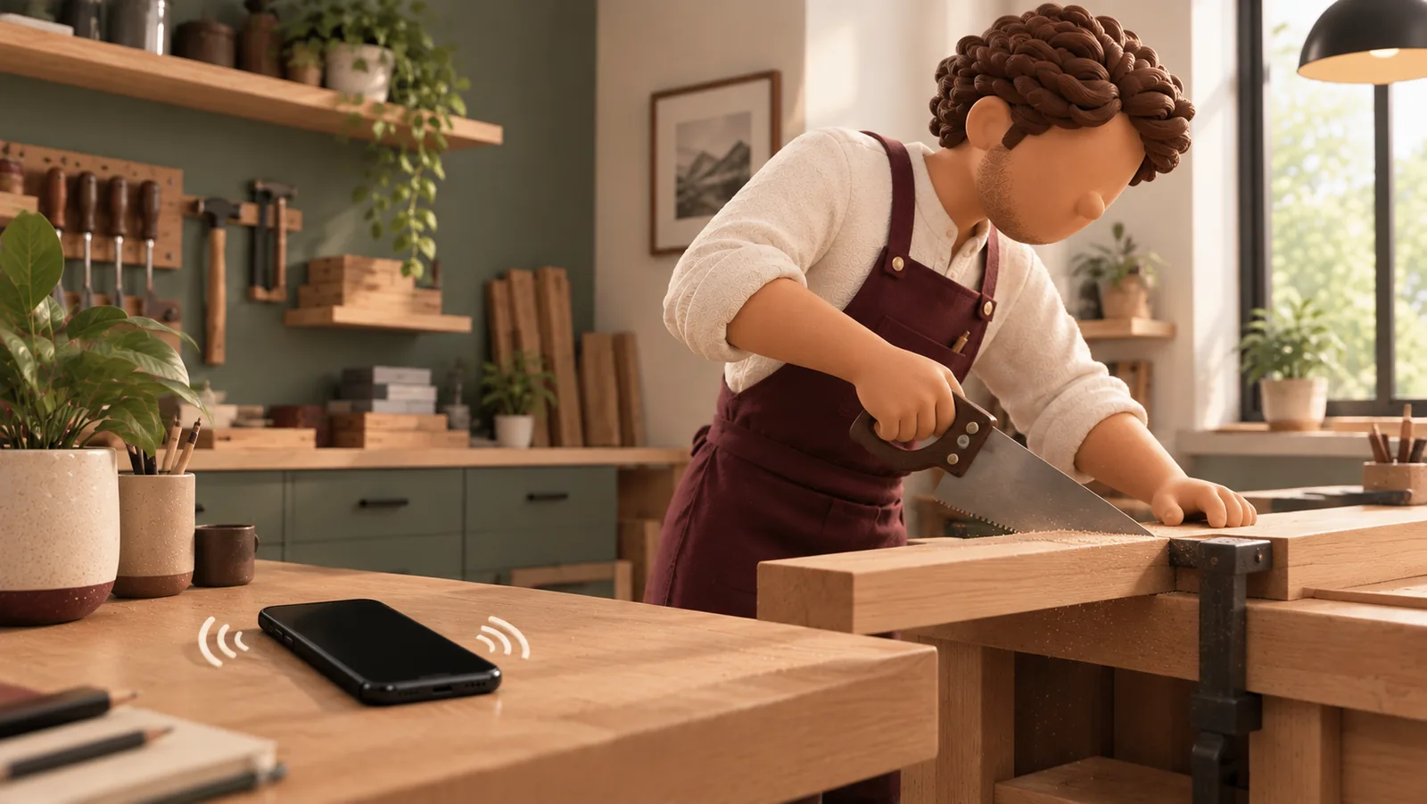 A carpenter sawing at his workbench while his phone rings on the table behind him